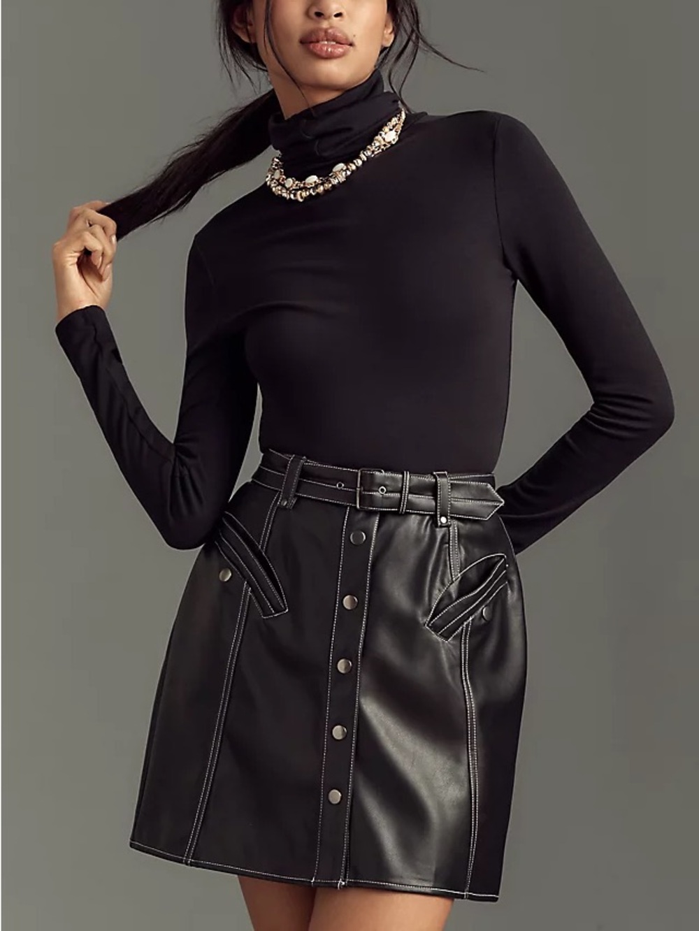 Anthropologie | Black Faux Leather Button-Front Mini Skirt with Belt